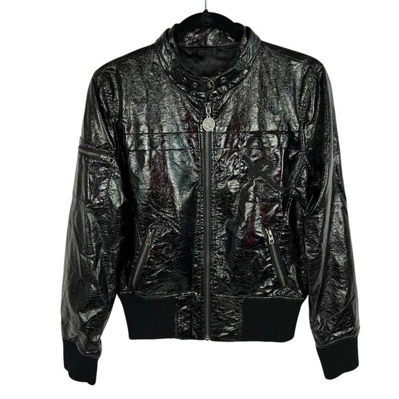 Authentic Rocawear Black Shiny Vegan Leather Moto Full Zip Jacket Women’s Large - Picture 1 of 12